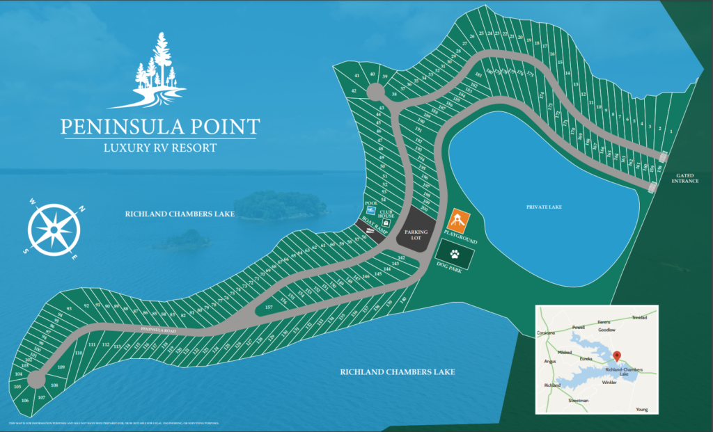 Peninsula Point RV & Tiny Home Resort Property Map with Lots